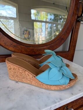Garnet Hill Wedges Turquoise Leather Flower Cork Slide Sandals
